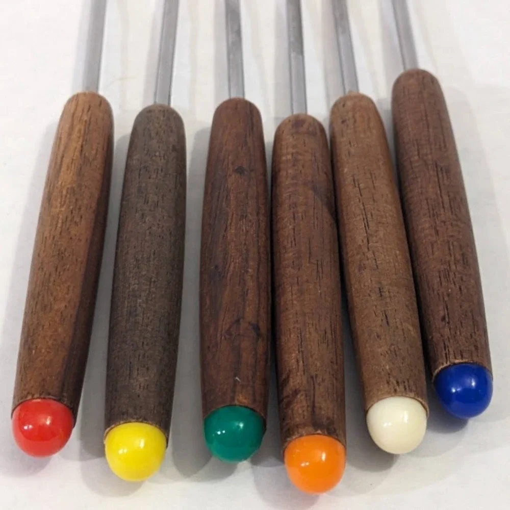Vintage Oster Stainless Steel Fondue Forks Set of 6 Wood Handles MCM 203187